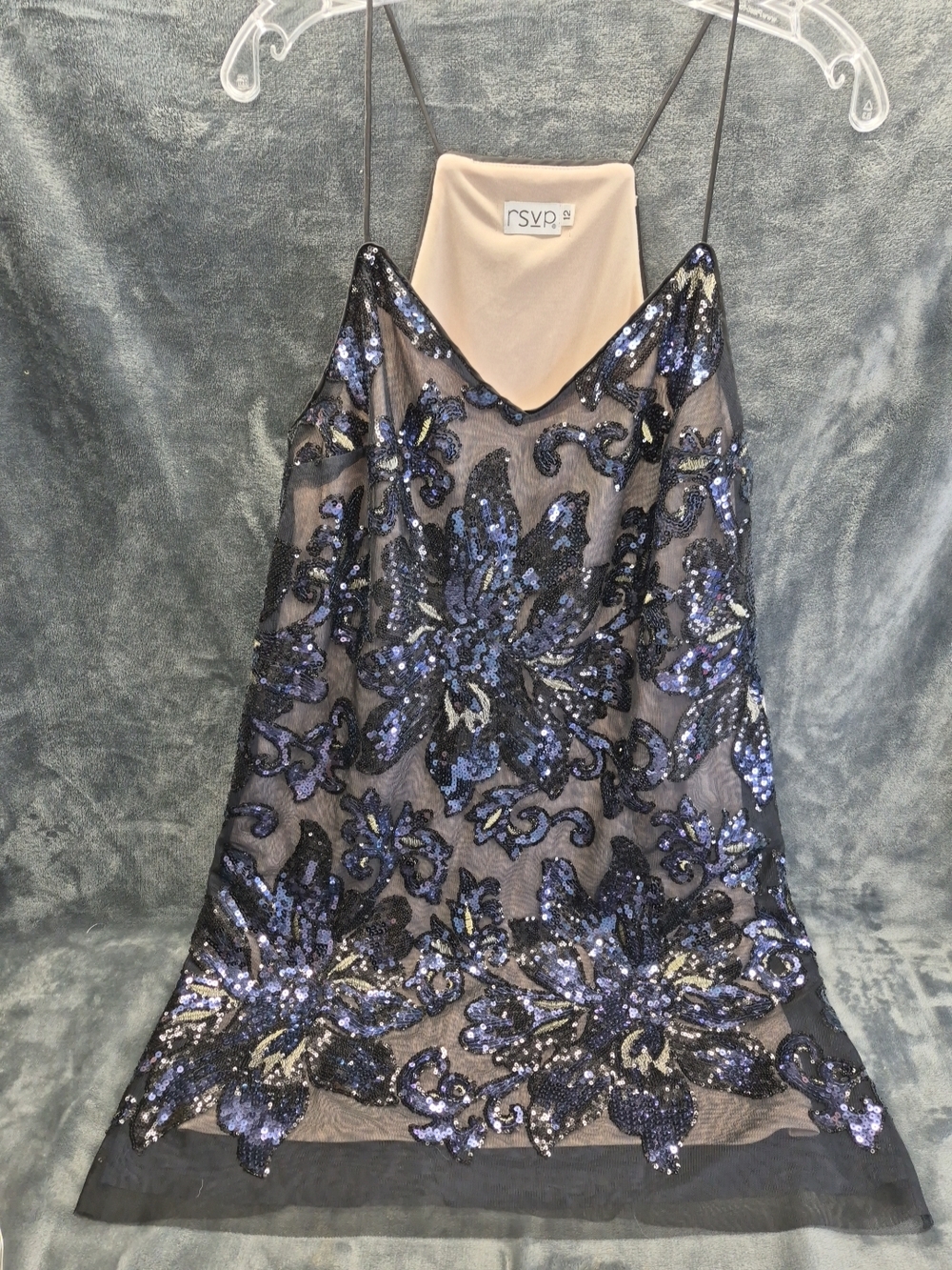 RSVP Sleeveless Cocktail Blue  Sequin Mesh Shift Spaghetti Strap Dress SZ 12